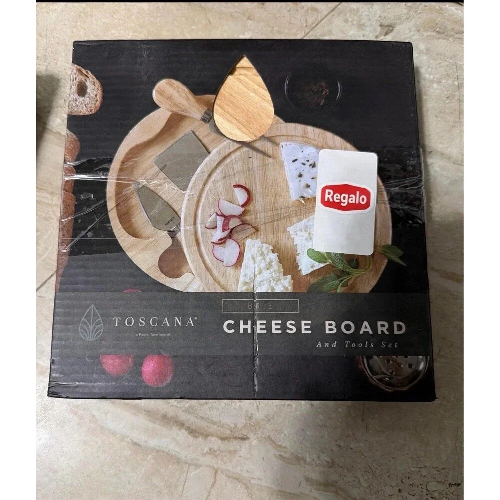 Toscana Brie Cheese Board & Tool Set Wooden Round Serving Board 3 Utensils